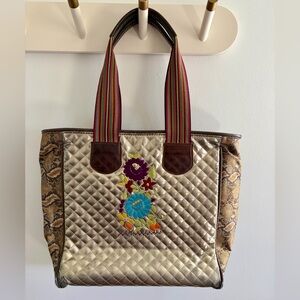 Consuela Quilted Champagne & Animal Print Embroidered Tote Bag